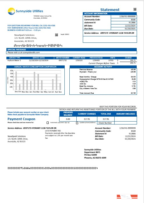 USA Washington Sunnyside Utilities water business utility bill template in Word and PDF formats